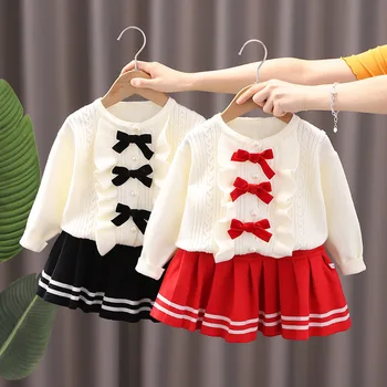 Mergina džemperis tinka 2023 naujas žiemos trikotažo dviejų dalių moterų kūdikių Han Ventiliatorius kailio krūtinė sijonas kostiumas sijonas