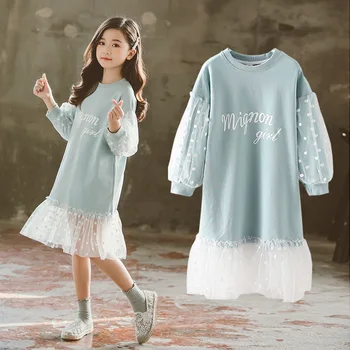 Iki 2023 m. pavasarį Paauglių mergaičių drabužius maidenly suknelė medvilnės vaikus ilgomis rankovėmis polka dot tinkleliu laišką suknelės 8 9 11 12 13 metų