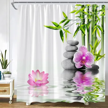 Zen Žalia Bambuko Dušo Užuolaidos Pink Lotus Orchidėja, Pilka Akmens Spa Sodo Dekoracijos Namų Vonios kambarys Dekoro Vonios Užuolaidų Komplektas su Kabliukais