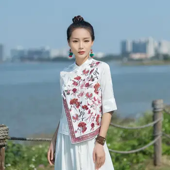 2023 naujas kinijos etninės stiliaus moterims gėlių siuvinėjimas palaidinė stovėti apykaklės pusė rankovės medvilnės, žakardinės cheongsam palaidinė top s444