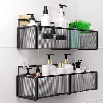 Vonios lentyna priedai: Modernaus matinės juodos vonios kampe stovo, virtuvės sienos stovas, dušo kabina, šampūnas, kosmetika stalčiuko