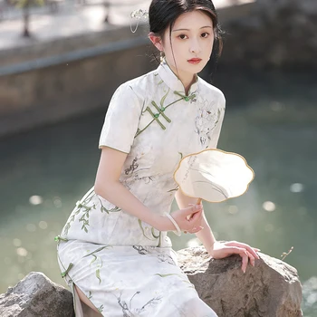 Derliaus Mandarinų Apykaklės Vestidos Vasaros Naują Qipao Ilga Seksuali Suknelė Elegantiškas Gėlių Spausdinti Cheongsams Mergina, Kinijos Suknelės