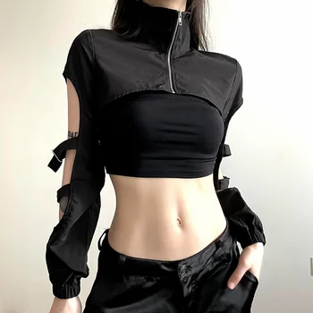 Harajuku Gotikos Sexy Marškinėliai Moterims Ilgomis Rankovėmis Tuščiaviduriai Iš Užtrauktukas Y2k Pasėlių Tee Viršūnes Cyberpunk Grunge Trumpas Goth Viršų