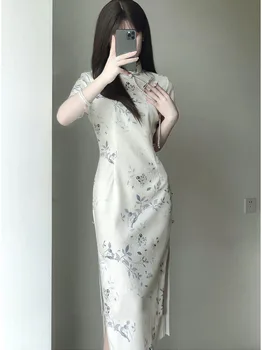 2023 Naujas Moterų Smėlio Cheongsam Geresnis Derlius Tradicinę Suknelę Mergaitei, trumpomis Rankovėmis Elegantiškas Gėlių Ilgai Qipao S Iki XXL