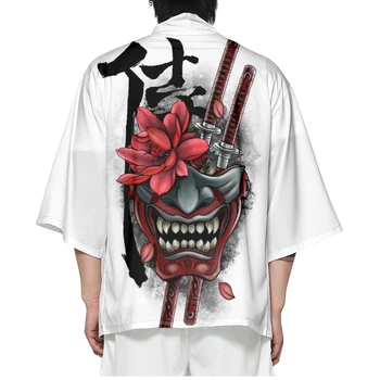 Japonų Stiliaus Samurajus Kimono Streetwear Vyrai Moterys White Demon Spausdinti Cardigan Harajuku Anime Drabužius, Drabužius