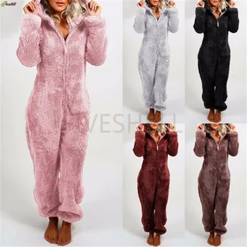 Žiemos Šiltos Pižamos Moterys Naujųjų Metų Purus Vilnos Jumpsuits Sleepwear Bendras Gaubtu Rinkiniai Furry Sherpa Romper Pižama Moterims