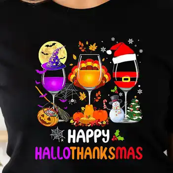Laimingas HalloThanksMas Vyno Marškinėliai Juokinga Gnome Mielas Geriamojo Moterų Kalėdų Padėkos Helovinas Nykštukai