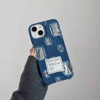 INS Kūrybos Tamsiai Mėlyna Perforuotas Džinsinio Veidrodis Atveju iPhone 14 13 Pro Max 12 11 Pro Plus Stabdžių Lašas Silikono Padengti